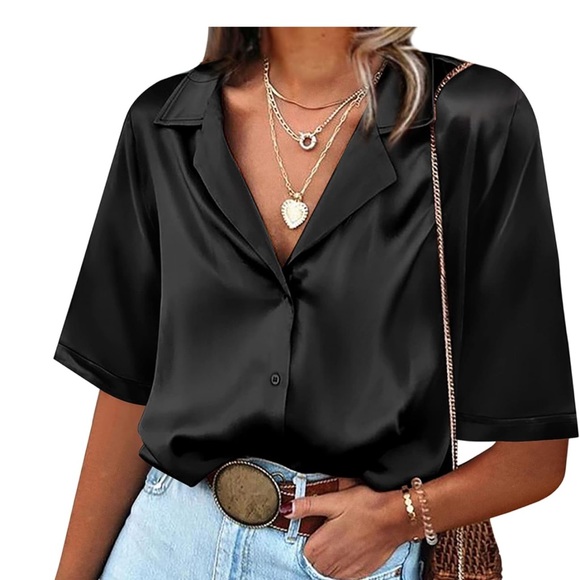 chigant Tops - Satin Short-Sleeve Button-Down Shirt - Black